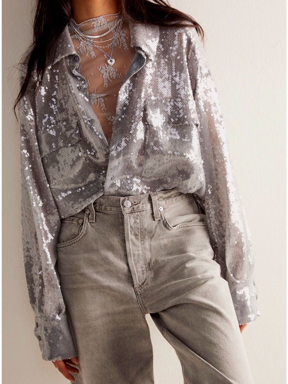 Free People Disco Margarita Sheer Sequin Button-Up Shirt – Rocket | Medium